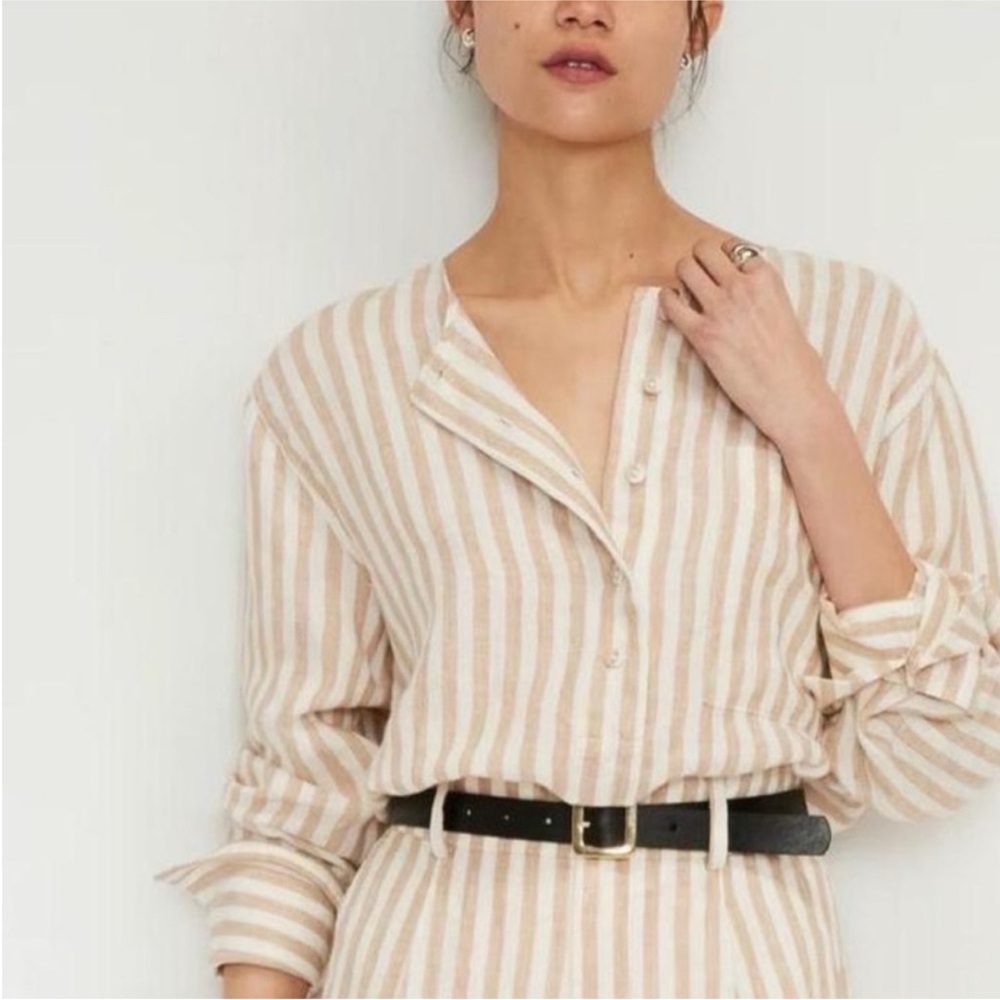 Everlane - The Popover Beige And White Stripe Lightweight  Linen Blouse Size 2